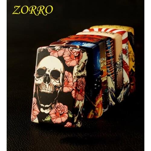 Zorro Brass Shell Stainless Steel Liner Kerosene Lighter Creative Five-Sided Color Printing Tiger Beauty Skull Novelty Men Gift