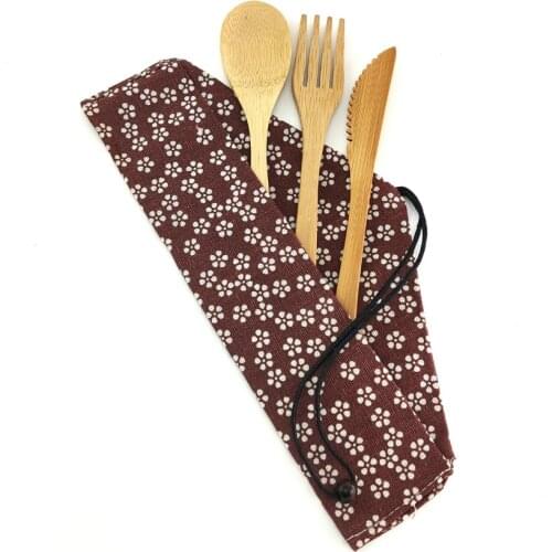 Zero Waste Bamboo Travel Portable Dinner Set Health Eco-Friendly Knives Spoon Fork Utensils with Cloth Bag For Tableware