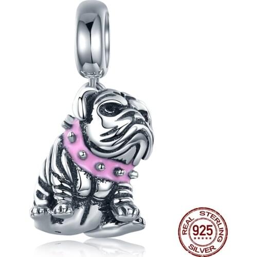 Genuine 925 sterling silver hot sale animal bulldog necklace pendant fit bangle & bracelet beads woman luxury jewelry charms DIY