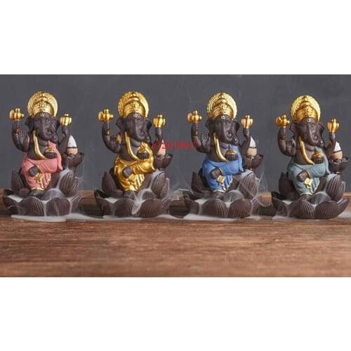 New Ceramic Ganesha Elephant God Buddha Statues Backflow Incense Burner Home Office Incense Cones