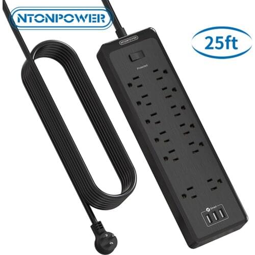 NTONPOWER Multiple Socket US Power Strip Wall Mount Outlet With Usb 2100J Surge Protector with 25FT Long Extension Cord For Home