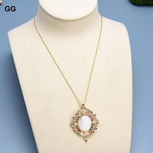 GG Jewelry White Shell Mop Cameo Virgin Mary Rainbow CZ Micro Pave Pendant Chain Necklace Handmade For Women