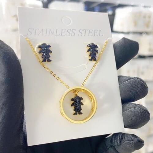 Gold Stainless Steel Bear Pendant Necklace Earrings Sets Heart Clover Cross Bear Charm Necklace Jewelry Sets for Women