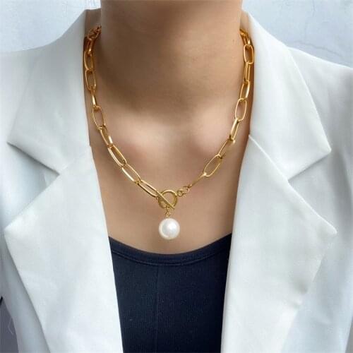 Quality Punk Simulated Pearl Pendant Necklaces for Women IFMIA Link Chain Layer Necklace Lariat Curb Cuban Collars Jewelry