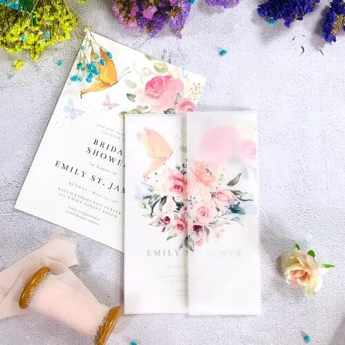 50pc Flower Vellum Wedding Invitations with Ribbon and Rhinestone DIY Tracing Wrap For Sweet Fifteen Birthday Party Cards