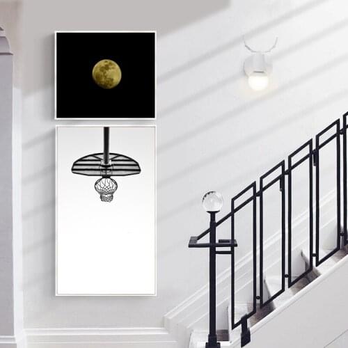 Simplicity Black and White Moon Basketball Stand Abstract Modern Wall Poster Canvas Painting for Living Room Bedroom Decoration