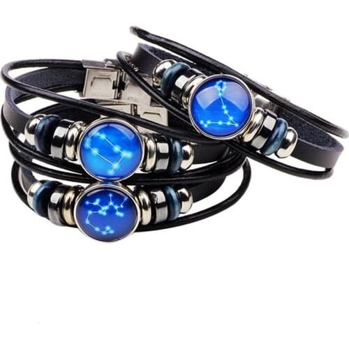 Romantic Sky 12 Constellation Leo/Virgo/Aquarius/Scorpio/Libra Genuine Leather Bracelet Men Bracelets Bangles For Women