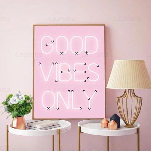 Pink Girly Room Decor Good Vibes Only Quote Poster Neon Sign Inspirational Print Canvas Painting Wall Art Home Decor Living Room