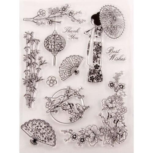 Sakura Kimono Fan Clear Stamps/Seals For DIY Scrapbooking/Card Making/Album Decorative Silicone Stamp Crafts