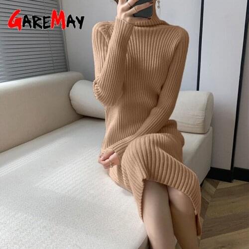 Warm Womens Ribbed Knit Dress Turtleneck Tight Elegant Vintage Ankle-Length Autumn Winter Knitted Dress Sweater for Women