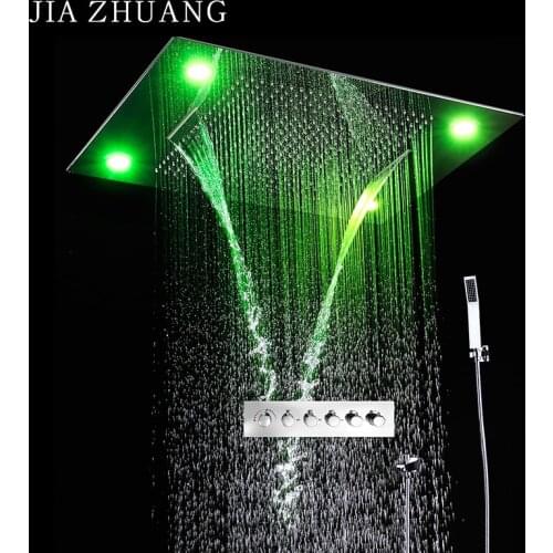 Big Size Recessed 5 Ways Thermostatic Diverter Mixer Shower LED Waterfall Rain Spa Overhead Shower Faucet Sets