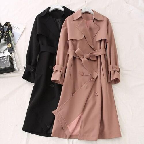2020 Spring Autumn Womens Trench Coat Double-Breasted With Belt Lapel Collar Loose Long Windbreaker Female Outerwear Plus Size