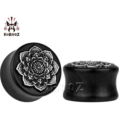 Kubooz piercing black wood ear plugs tunnels piercing body jewelry with metal lotus flower design sell by pair ear gauges