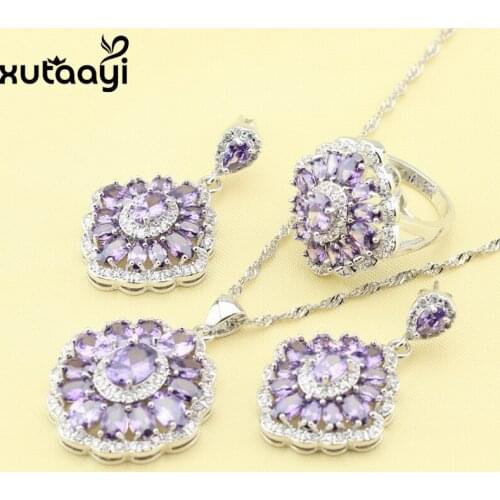 XUTAAYI Silver Womens Fashion Jewelry Set ,Prominent Created Purple Cubic Zirconia Distinctive Ring Earrings Necklace
