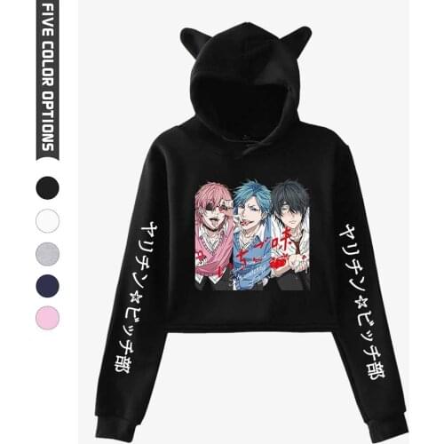 Yarichin Bitch Club Funny Printing Cotton Hoodies Sweatshirt Fashion Cat Ears Crop Top Hoodie Pullovers Sexy Harajuku Hoodie