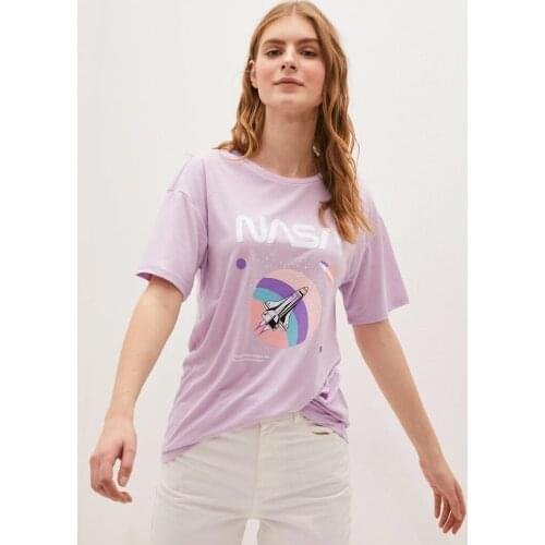 Nasa Printed %100 Cotton Crew Neck Off shoulder Women T-Shirt Women Top Casual