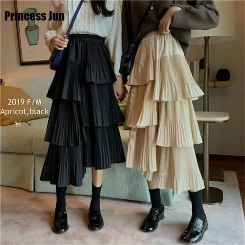 Design Sense Black High Waist Cake Skirt Women 2021 New Spring Pleated Irregular Skirts Korea Fashion Black Apricot Midi Skirt