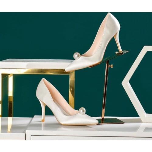 Women high heels silk pumps woman shoes pearl white black branded summer luxury microfiber fashion wedding shoes large 2020 new