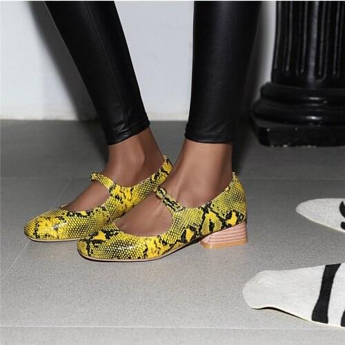 YQBTDL Fashion Snake Print Chunky Heels Mary Jane Shoes Women Square Toe Yellow Black White Snakeskin Med Block Heel Lady Pumps