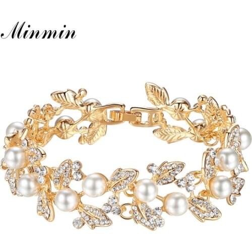 Minmin Leaf Shape Synthetic Pearl Crystal Charm Bracelets for Women Gold/Silver Color 2019 Fashion Bridal Wedding Jewelry SL089