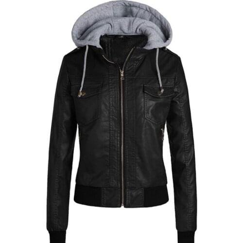Winter Faux Leather Jacket Women Removable Hoodies Coats Plus Size 7XL Ladies Jackets Waterproof Motorcycle Hooded Coats WF164