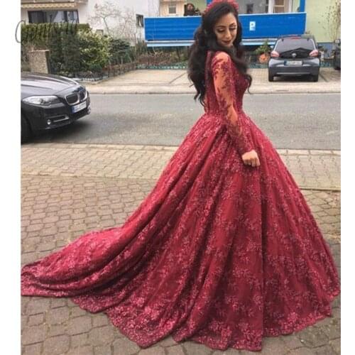 2020 Burgundy Lace Prom Dresses Ball Gown V Neck Long Sleeves Appliques Court Train Arabic Formal Evening Dresses