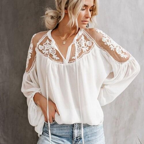 2021 Fashion Sexy V Neck Lace Top Women Shirt Casual Loose White Black Lantern Sleeve Chiffon Blouse For Femme