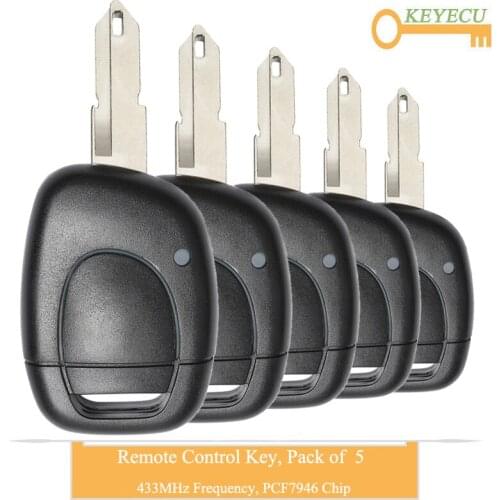 KEYECU 5PCS Remote Control Car Key Fit for Renault Twingo Clio Master Kango, Fob 1 Button - 433MHz - PCF7946 Chip - NE73 Blade