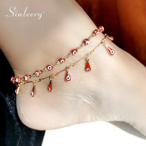 SINLEERY boho Red Enamel Drop evil eye ankle bracelet Gold Color women summer jewelry 2021 accessoire plage femme JL018 SSK