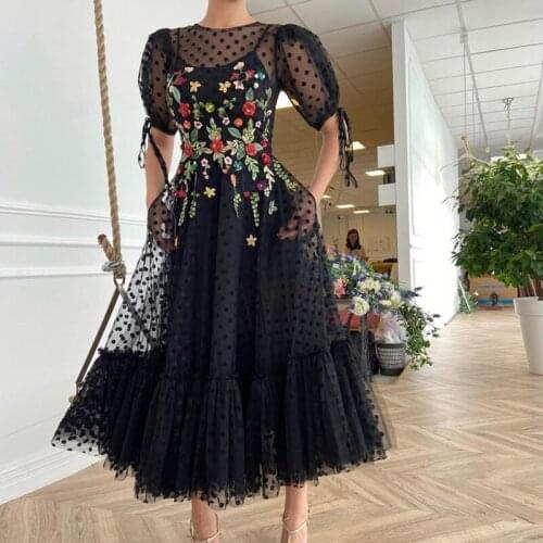 Black Prom Dresses High Neck Puff Sleeves Dot Tulle Prom Gowns with Embroidery Formal Party Dresses