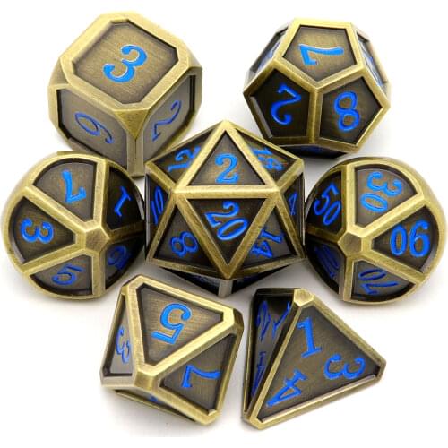 Haxtec Metal DND Dice Set Classic Collection D&D Polyhedral Metal Dice for TTRPG-Fine Antique Bronze Blue Numbers