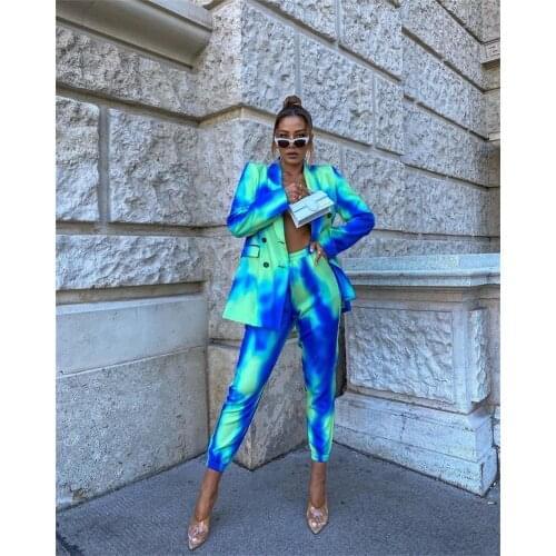 High Street Fashion Print Tie Dye Two Piece Set Notched Long Sleeve Blazer Casual Pants Hit Color Sets Female Fashion New