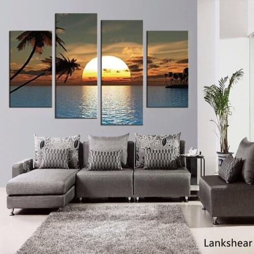 HD Printed Modern Canvas Living Room Pictures 4 Panel Sunset Ocean View Painting Wall Art Modular Poster Framework Home Decor