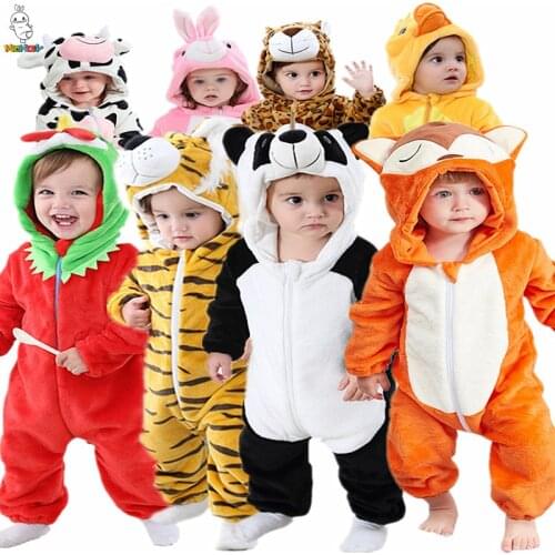 MICHLEY Baby Animal Rompers Lion/tiger Clothes 0-3Y Toddler Boy Girl Cartoon Onesie Zipper Flannel Warm Newborn Baby Crawl Suit