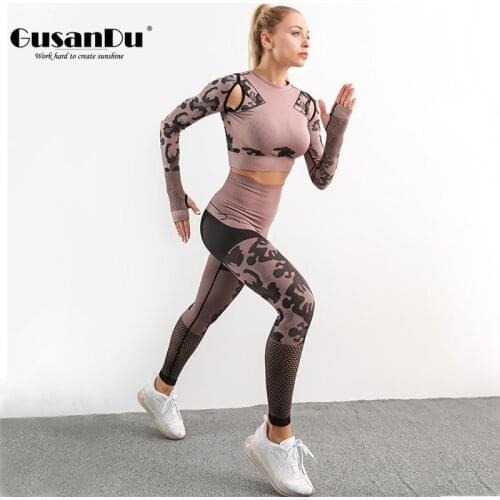 2PCS Seamless Women Yoga Sets Sports Suits Sportswear Fitness Workout Gym Clothing Long Sleeve Crop Top High Waist Leggings