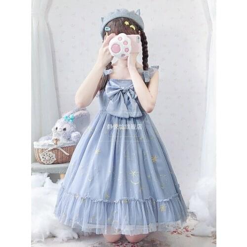 Summer sweet lolita strap dress vintage bowknot cute printing high waist princess victorian dress kawaii girl lolita cos loli