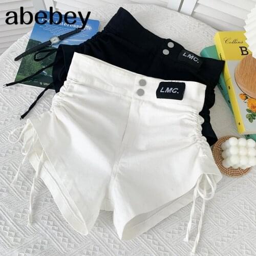 Fashion versatile solid Shorts drawstring bandage high waist pleated casual Wide Leg Denim Shorts 2021 New Summer Women