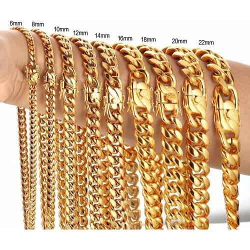 Stainless Steel Boy Bling Miami Curb Cuban Chain Necklaces Casting Butterfly Lock Bracelet Men Hip Hop jewelry Drop Shipping