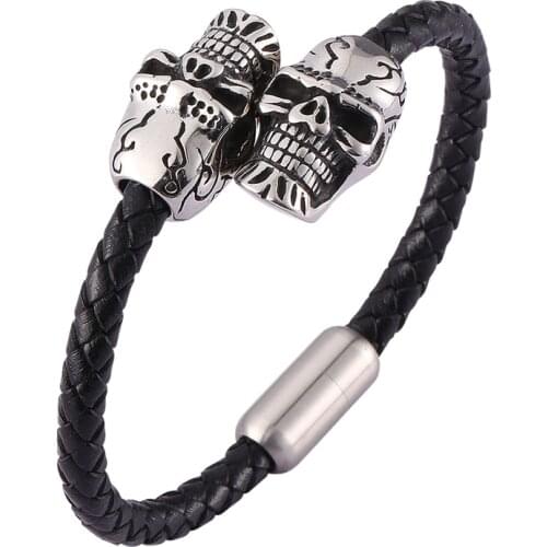 New Items Double Skull Head Bracelet Men Black Braided Leather Bangle Bracelet Male S.Steel Magnetic Clasp Punk Jewelry SP0468