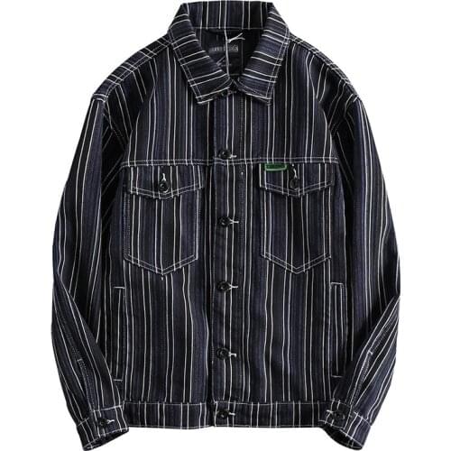 Japanese Harajuku Contrast Stitch Striped Denim Jacket for Men Urban Mens Streetwear Button Up Embroidery Jean Jackets Plus Size