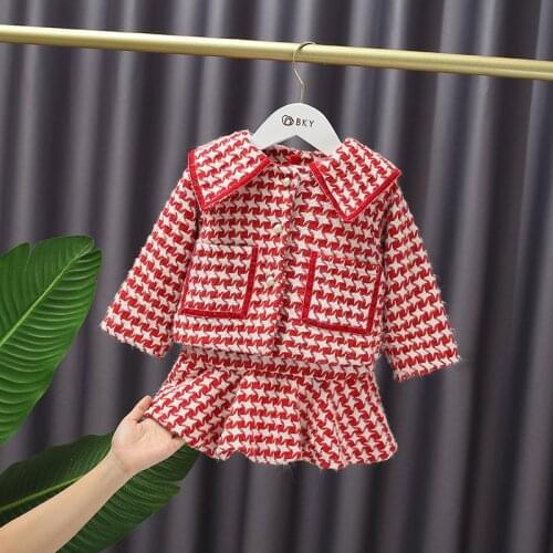 Baby Girls Sweet Plaid Princess Dress Two-piece Suit Winter Plus Velvet Vest Dress Woolen Plaid Jacket Suit Kids