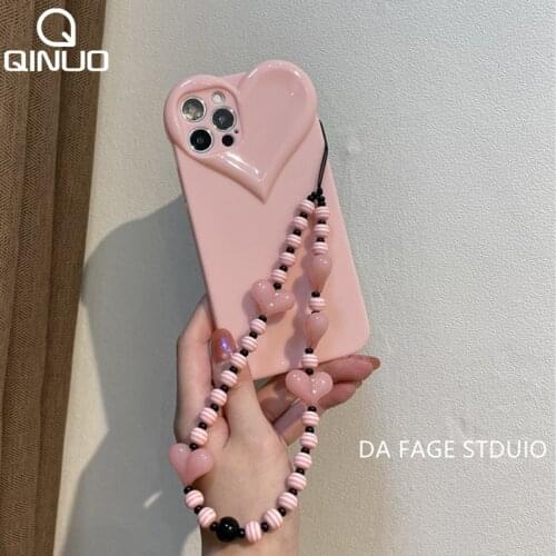 Heart Beads Pendant Hand Strap Hang Phone Charm Case For iPhone 11 12 Pro Max Mini XS X XR 7 8 Plus SE 2020 Lanyard Chain Cover