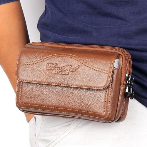 New Cowhide Waist Bags Genuine Leather Casual Small Wallet Purse For Men Hip Bum Cell/Mobile Phone Case Loops Belt Fanny Pack