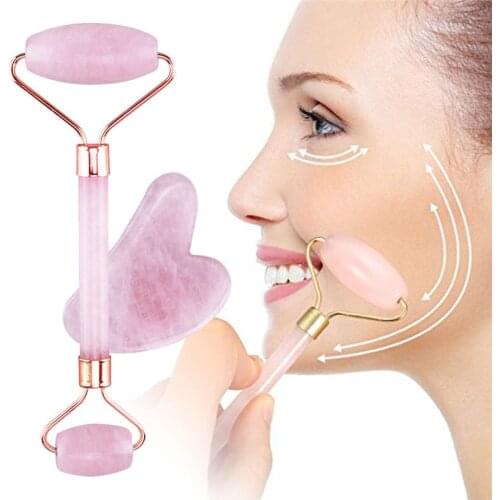 Rose Quartz Roller Slimming Face Massager Lifting Tool Natural Jade Facial Massage Roller Stone Skin Massage Beauty Care Set