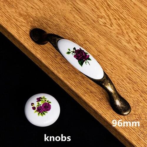 96mm Rustico rural Ceramic Drawer Knob Handle purple flower porcelain dresser kitchen cabinet furniture decoration bronze knob