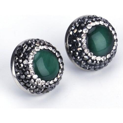 New Round Vintage Green Blue Black Purple Yellow Opal Cat Eye Semi Precious Stone Pave Rhinestone Charm Stud Earrings For Women