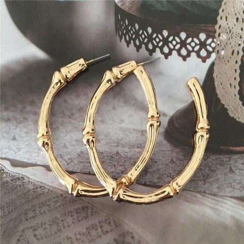 Trendy Gold Color Plating Oval Bamboo Shape Hoop Earrings For Women Casual Chic Gorgeous Elegant Jewelry Accessory