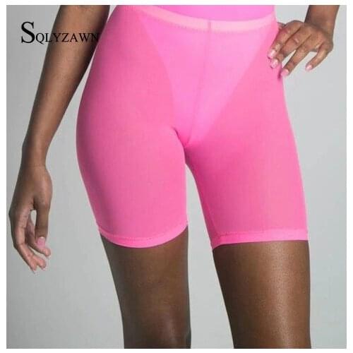 New Women Shorts High Waist Ladies Sexy Neon Pink Perspective Mesh Sheer Swim Shorts Bikini Bottom Cover Up Solid Beachwear