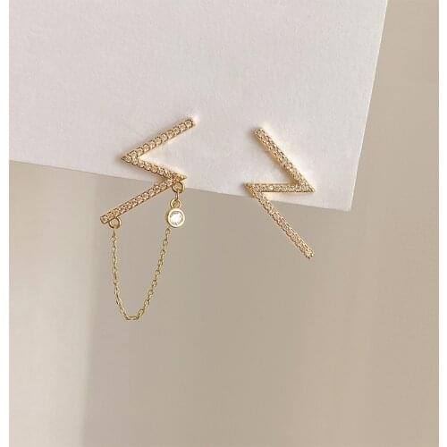 Korean Fashion Crystal golden Lightning Stud Chain Pendant Earring Women Exquisite Drop Earrings Girlfriend Jewelry Accessories
