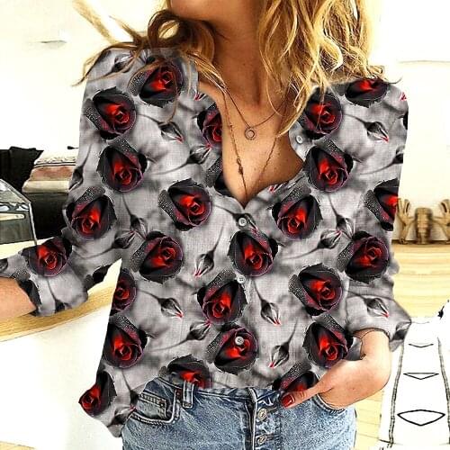 Native Rose 3d Full-Body Print Never Fade Color Female Long-Sleeved Shirt Summer Ladies Casual Fashion Shirt